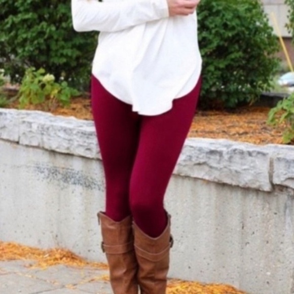 HIGH WAIST FLEECE LINED LEGGINGS | BURGUNDY - Picture 3 of 4